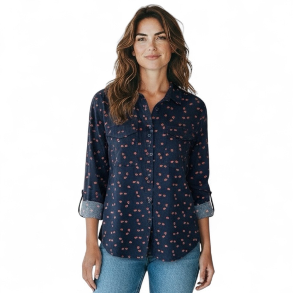 Sonoma Life & Style M Navy Blue 100% Cotton Button-Down Ladybug Print Blouse